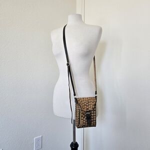 Leather Handcrafted Crossbody Bag Pochette Floral Print Tan Green Boho Retro Y2K